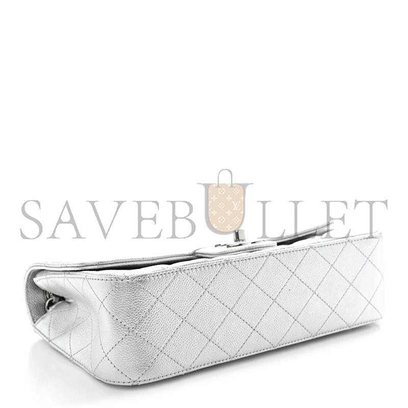CHANEL METALLIC CAVIAR QUILTED MEDIUM CC SLIDE FLAP SILVER AS5756 (23.5*14.5*7cm)